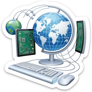 An icon featuring a computer monitor displaying code, a globe with network nodes, and a circuit board, symbolizing IT. The design includes data streams, cloud storage, and a keyboard, representing digital innovation, connectivity, and problem-solving. Transparent background sticker