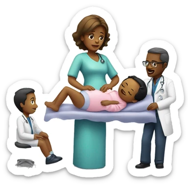 a woman gives birth and doctors stand nearby sticker