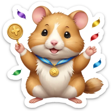 Cute cartoon-style hamster throwing confetti, holding a tiny medal, joyful expression. Painterly shading, white background, sticker-style illustration sticker