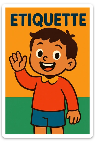a child greeting with a wave, etiquette theme, vibrant toon style sticker