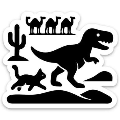 A white cat chasing a T-Rex in the desert with a herd of camels staring at them sticker