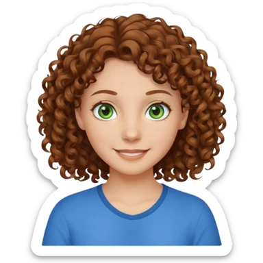 girl with brown hair, green eyes with a blue shirt no background ,young with curly hair smileing sticker