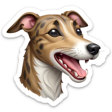 Cinematic Cute Yawning Brindle Greyhound Portrait Emoji, Head tilted slightly with a dramatic, wide-open yawn, showcasing a smooth brindle Fur with a refined pattern, floppy ears slightly drooping, round eyes barely open in drowsy contentment, Simplified yet irresistibly adorable features, highly detailed, glowing with a soft, cozy glow, high shine, relaxed yet expressive, stylized with a touch of whimsy, bright and endearing, soft glowing outline, capturing the essence of a sleepy yet affectionate racer, so drowsy it feels like it could stretch out of the screen and curl up for a nap! sticker