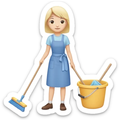 simplified human character calmly cleaning the room, holding a broom or cloth, relaxed smile, peaceful everyday routine, flat custom emoji sticker, soft pastel colors, rounded shapes, minimal details, thick outline, white background, no text sticker