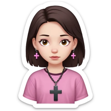 A girl with pale skin, a dark brown wolfcut,baggy pink shirt and cross earrings  sticker