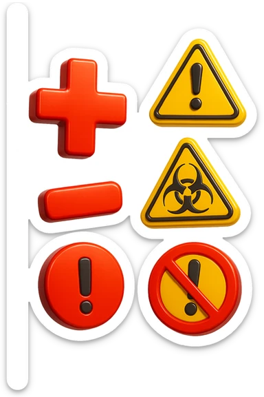 emoji stile iphone dei simboli "+" e "-" rossi in 3d che fluttuano in aria insieme a segnali di pericolo, FALLO MOLTO REALISTICO IN 3D sticker