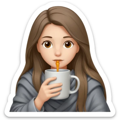Brown-eyed, fair-skinned girl with long hair down to her shoulders, wrapped in a gray blanket, drinking from a New Year's mug sticker