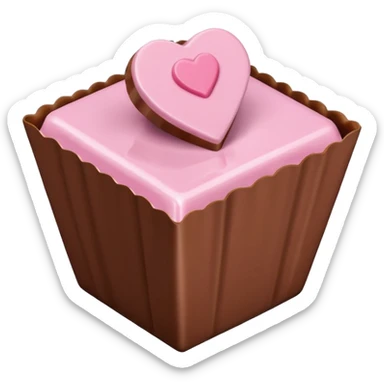 Two square milk chocolate , Each praline is a sharp-edged cube with smooth glossy chocolate coating, placed in a small white fluted paper candy cup. On top of each cube is a flat pastel pink heart-shaped icing sticker