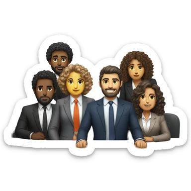 work meeting table 3 men and 4 women sitting on a table wearing suits the women have curly hair and one of the men is fat with a beard and of them is tanned with curly hair sticker