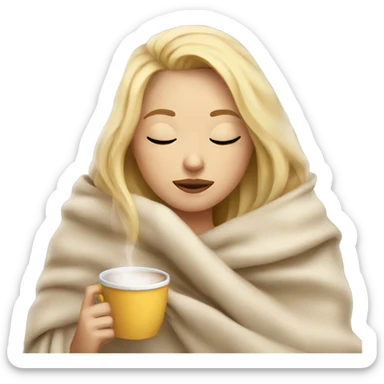 Blonde girl inside a blanket sipping coffee eyes closed sticker