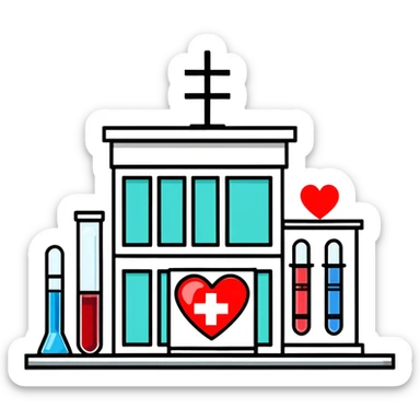 Modern medical clinic building with red cross symbol, test tubes, and heart icon sticker
