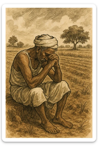 A sorrowful Indian farmer in dhoti, seated on farmland, head bowed, traditional rural India, expressive illustration. sticker