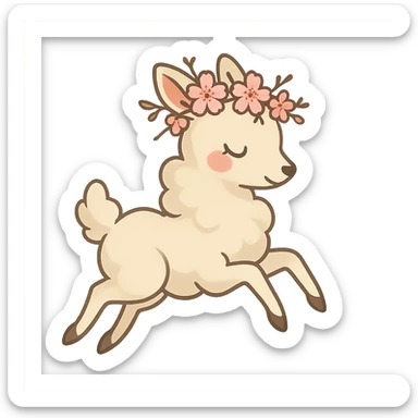 vanilla-colored cloud doe with rosy cheeks, wearing a cherry blossom crown, floating gracefully with witch-like elegance, designed as a brand identity mascot for social media sticker