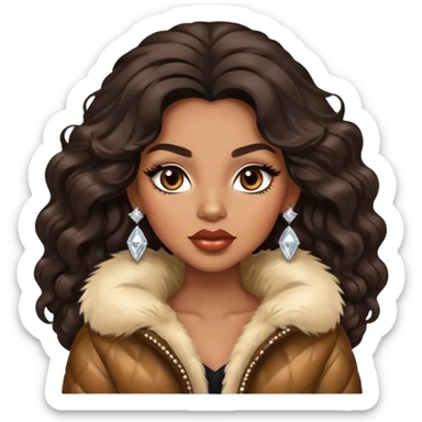 light brown skin tone, very beautiful woman, with big plump lips, long long lashes, black wavy long hair, brown eyes, fur jacket, diamond earrings sticker