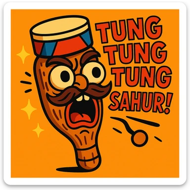 wooden club-shaped emoji character yelling 'TUNG TUNG TUNG SAHUR!', bug eyes, carved face, wild mustache, drum hat, chaotic brainrot energy, sparkles, vibrant energetic style sticker