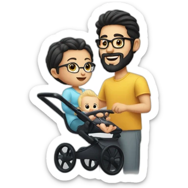 White man with Black hair,  beard and glasses pushing buggy with blonde baby sticker