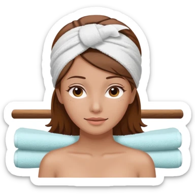 rosto de uma mulher com uma faixa de toalha no cabelo de cor todo castanho como se estivesse no spa, sem o pescoço, somente o rosto sticker