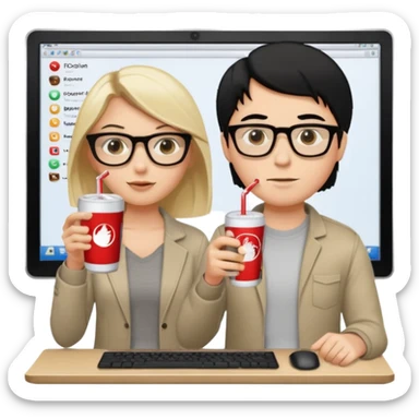 Hombre blanco con gafas, pelo negro tomando un refresco frente a un ordenador con ropa de sport, en la pantalla del ordenador una mujer rubia tomando café sticker