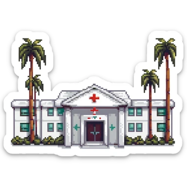 Bangkok hospital with tropical palm trees and Thai style entrance sticker