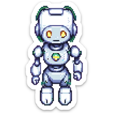shoulders-up portrait of a cute female recruiter robot, 8-bit pixel art style, metallic, talking, one hand in the air, with long eyelashes sticker