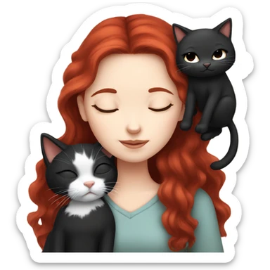 White skin dark red haired girl sleeping with a black kitten sticker