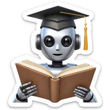 non-anthropomorphic robot reading a big book with graduation head sticker