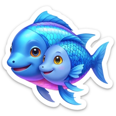 Make a pair of hugging or cuddling best friends: a rainbow fish glow with a magical aura and a vivid blue fox sticker