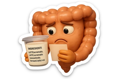 SU QUESTO STILE FAI UN EMOJI STILE IPHONE 3D DI UN INTESTINO CHE HA IN MANO UN BARATTOLO DI YOGURT CONFEZIONATO DA SUPERMERCATO E LEGGE L'ETICHETTA NUTRIZIONALE CON GLI INGREDIENTI IN ITALIANO, ACCANTO ALLO YOGURT CHE HA IN MANO C'è UN FOCUS SULL'ETICHETTA CON GLI INGREDIENTI SCRITTI, FAGLI UN ESPRESSIONE CONFUSA MENTRE LEGGE E FALLO MOLTO REALISTICO IN 3D sticker