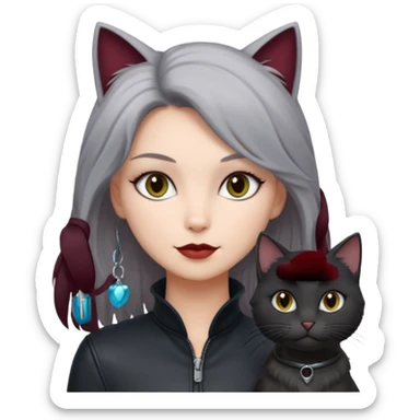 femme aux yeux gris, cheveux court bordeaux avec cuir noir, accompagné d'un chat poils longs gris clair et d'un chat poils ras noirs sticker
