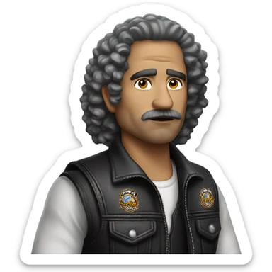 A middle-aged Mexican with curly hair. Wearing the vest of the Chosen Few motorcycle club sticker