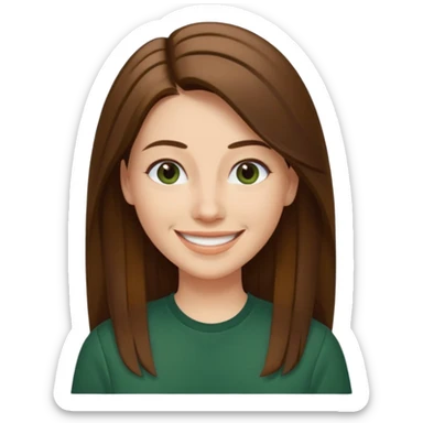 30 yr Caucasian woman long brown straight hair parted on side dark green shirt big smile sticker