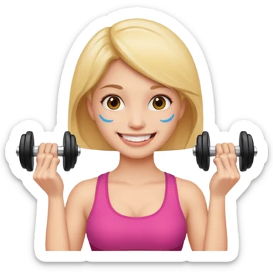 woman holding dumbbell in one hand and face roller in another, smiling, emoji style sticker