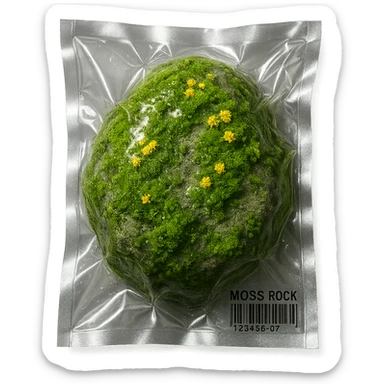 light gray rock, covered in green moss with clusters of small bright flowers, glossy sticker