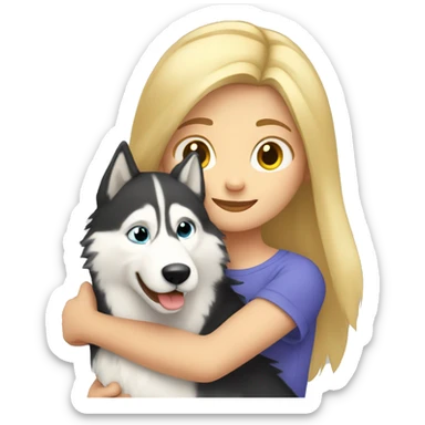 blond kid with long hair is hugging  husky  sticker