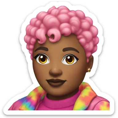 Plus size black woman with chinky eyes, pink curly pixie cut hair and a rainbow tie dye bubble jacket  sticker