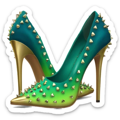 Hyper-realistic top front view of a pair of lime green to dark teal blue ombre pointed toe high heels with gold studs over them. sticker
