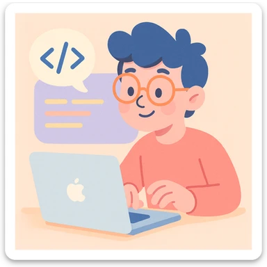 a person coding in front of a MacBook, pastel cartoon style, soft colors, playful atmosphere sticker