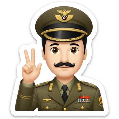 A man in German World war 2 in uniform have his arm extended outward with his fingers strait and outward. He has black hair in a side part, mid 50’s and has a small square mustache sticker