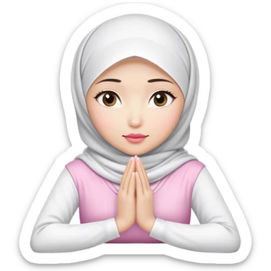 A white Asian woman, white hijab women are listening with her hands folded on the table. her lips is pink. her outfit & hijab color is white. Her fingers are 10. sticker