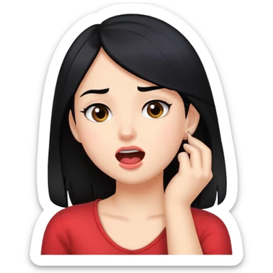 Girl with black hair biting her lip with pushing hair behind her ear  sticker