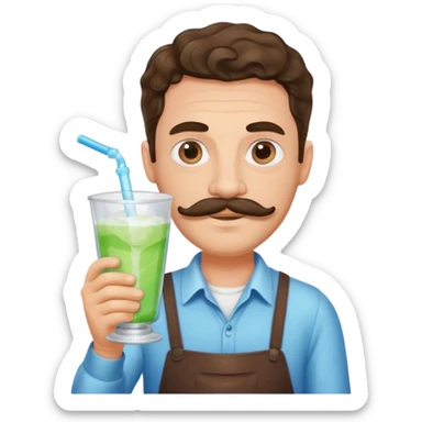 Good looking jewish man with mustache and wavy middle part hair holding a slushy in a yard glass sticker