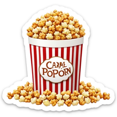 large package of caramel popcorn, red and white vertically striped package with thick stripes, golden brown caramel popcorn visible at the top, no text or labels on package, only stripe pattern, authentic Apple emoji style with glossy finish, prominent package size sticker