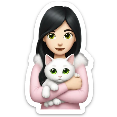 girl with pale skin, very long dark black hair and green eyes and light pink outfit hugging a white fluffy scottish cat sticker