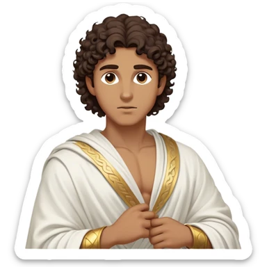 Cinematic Realistic Hercules Portrait, depicted as a classical Greek hero inspired by the Disney version yet echoing the refined proportions and serene dignity of Michelangelo's David. His idealized, tan skin glows with timeless strength, and his thick, curly wavy dark brownhair falls in natural, sculpted curls. Draped in a flowing white robe with delicate golden accents, his expressive eyes radiate determined nobility, all rendered under dynamic natural lighting with a mythic, radiant glow. sticker