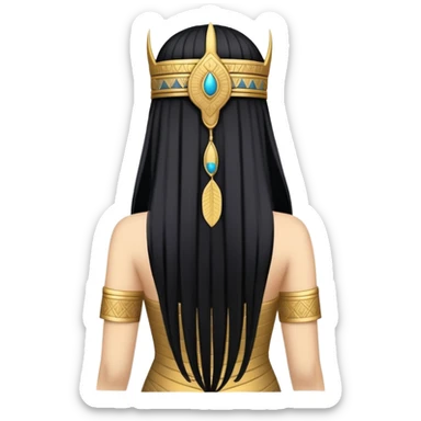back view of Anunnaki goddess Inanna with long flowing black hair and Mesopotamian cuneiform symbols on her royal attire sticker
