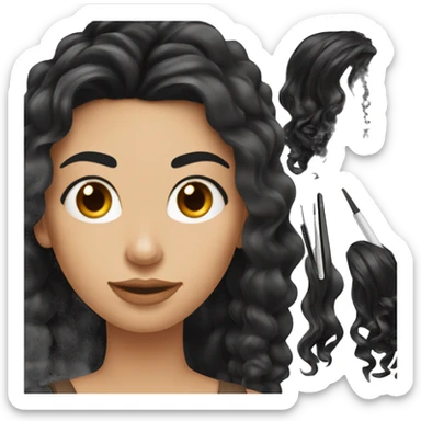 eyebrow styling holding tweezers this woman has long black wavy hair and white skin sticker