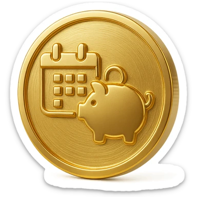 gold coin with a calendar and a piggy bank, representing weekly saving, clean modern icon style sticker
