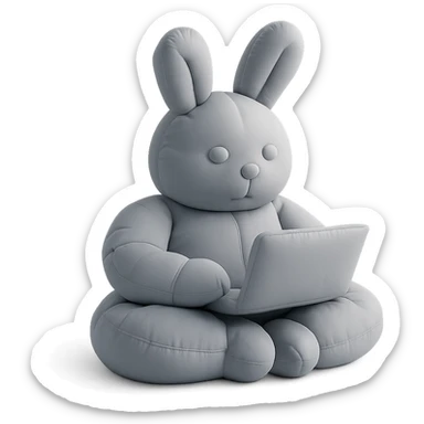 gray bunny sitting cross-legged with laptop in cushion style sticker