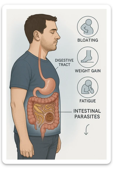 a man stands in profile, with a transparent overlay revealing his digestive tract. Inside his intestines, several enlarged, detailed representations of intestinal parasites are visible. Around the man, subtle arrows or icons indicate symptoms such as bloating, weight gain, and fatigue. The background is clinical and educational, with clear labels for anatomy and parasites. sticker