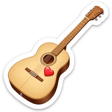 “Flat vector icon of a Cuban tres guitar in three-quarter view, warm brown, thick outline, centered on a warm cream or beige rounded-square (or circle); near the soundboard add a small red or pink heart with a soft glow and 2–3 tiny sparkles to suggest ‘soul’.  sticker